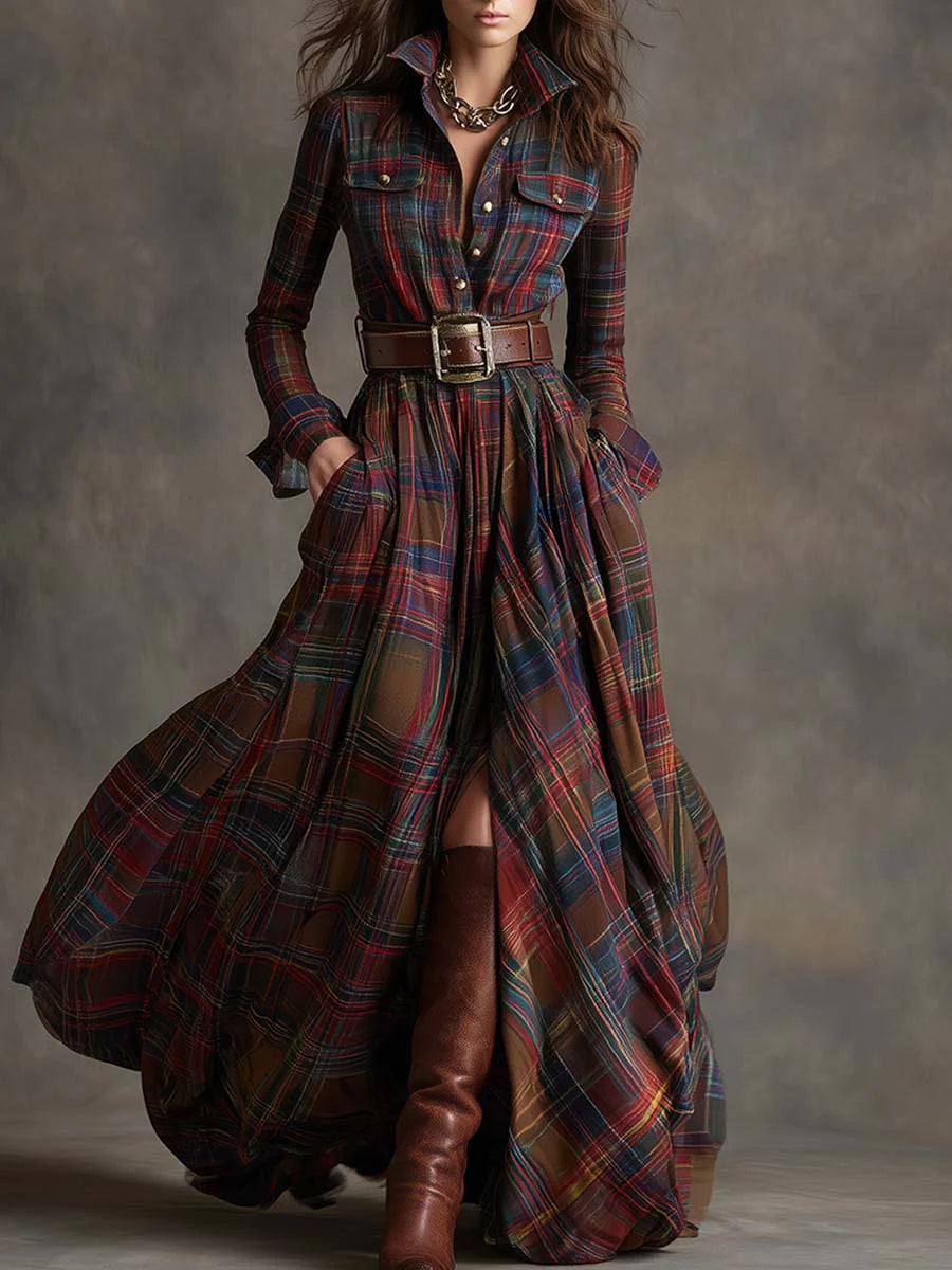 BEATRIZ™ | LONG CHECKED DRESS WITH BELT