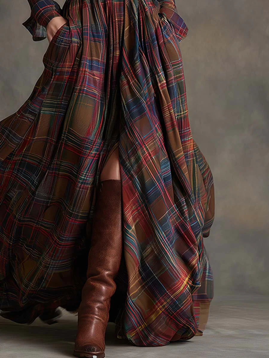 BEATRIZ - LONG PLAID DRESS WITH BELT