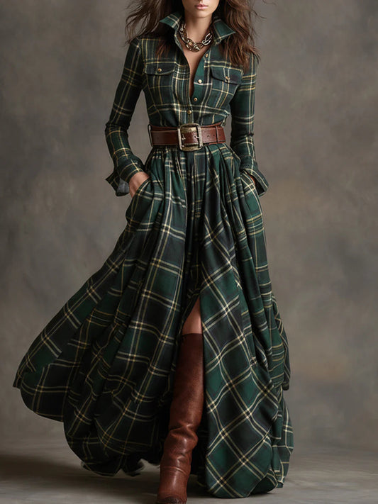 BEATRICE™ | BELTED PLAID MAXI DRESS