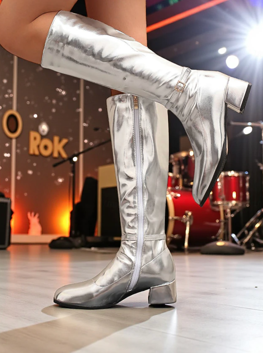DISCO™ WOMEN'S SHINY SILVER BLOCK HEEL KNEE-HIGH BOOTS