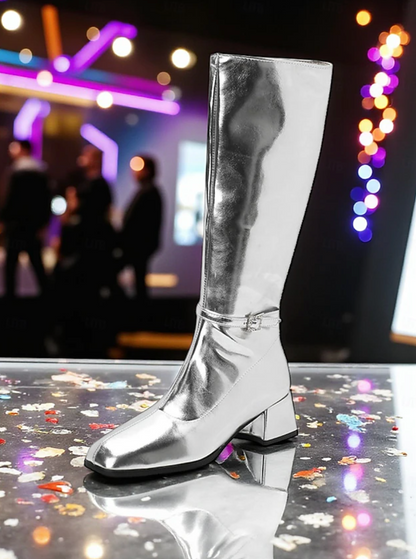 DISCO™ WOMEN'S SHINY SILVER BLOCK HEEL KNEE-HIGH BOOTS