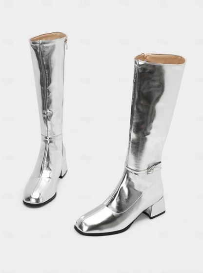 DISCO™ WOMEN'S SHINY SILVER BLOCK HEEL KNEE-HIGH BOOTS