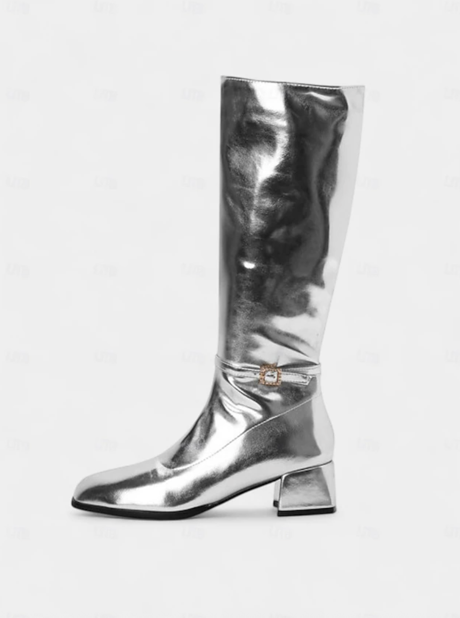 DISCO™ WOMEN'S SHINY SILVER BLOCK HEEL KNEE-HIGH BOOTS
