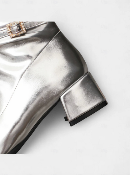 DISCO™ WOMEN'S SHINY SILVER BLOCK HEEL KNEE-HIGH BOOTS