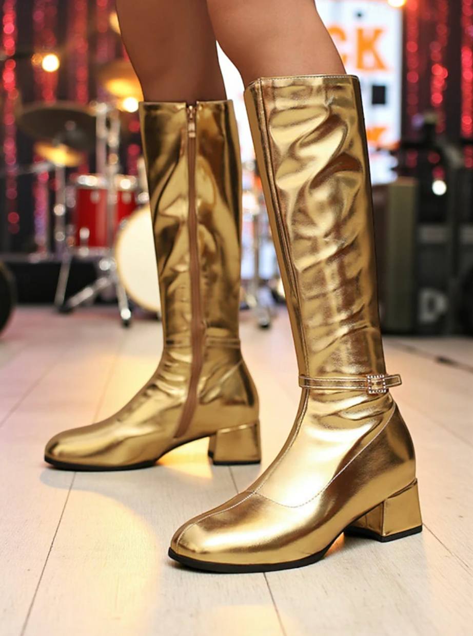 DISCO™ WOMEN'S SHINY SILVER BLOCK HEEL KNEE-HIGH BOOTS