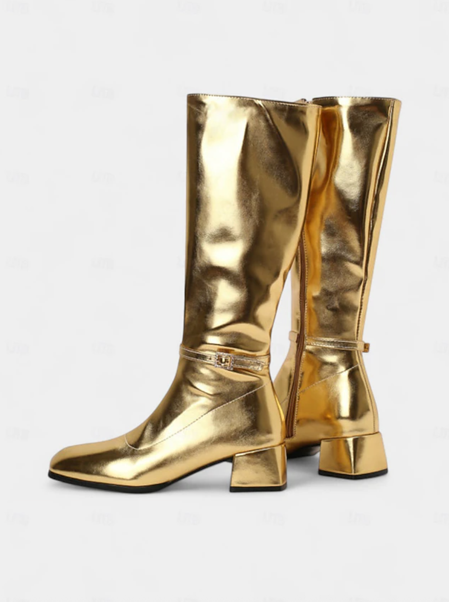 DISCO™ WOMEN'S SHINY SILVER BLOCK HEEL KNEE-HIGH BOOTS