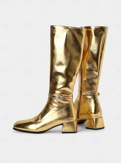 DISCO™ WOMEN'S SHINY SILVER BLOCK HEEL KNEE-HIGH BOOTS