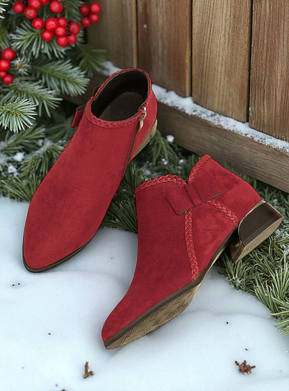 HOLLY™ WOMEN'S RED SUEDE SIDE BOW ANKLE BOOTS