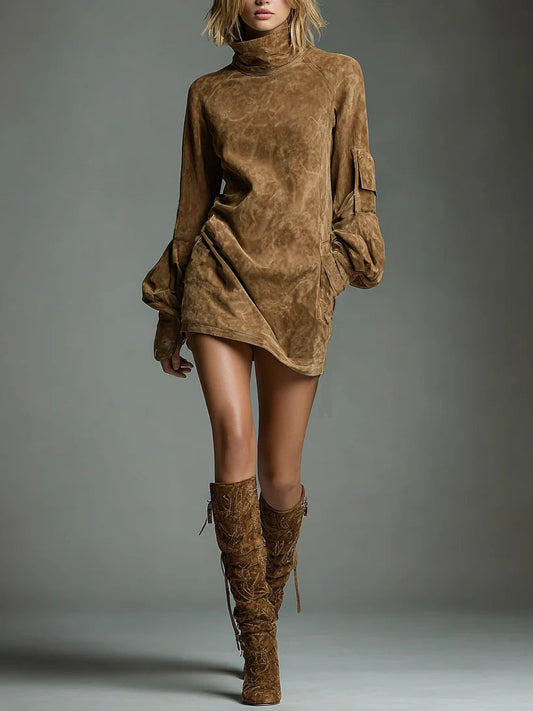 BELI™ | OVERSIZED SUEDE MINI DRESS WITH HIGH NECK