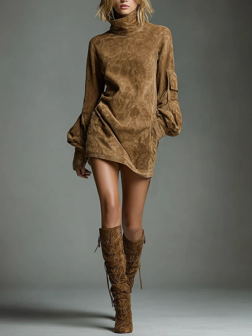 BELI - OVERSIZED SUEDE MINI DRESS WITH HIGH NECK