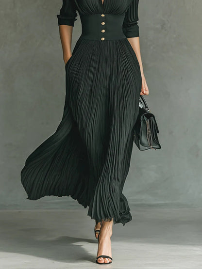 ELVIRA™ | LONG PLEATED DRESS WITH LAPEL AND HIGH WAIST