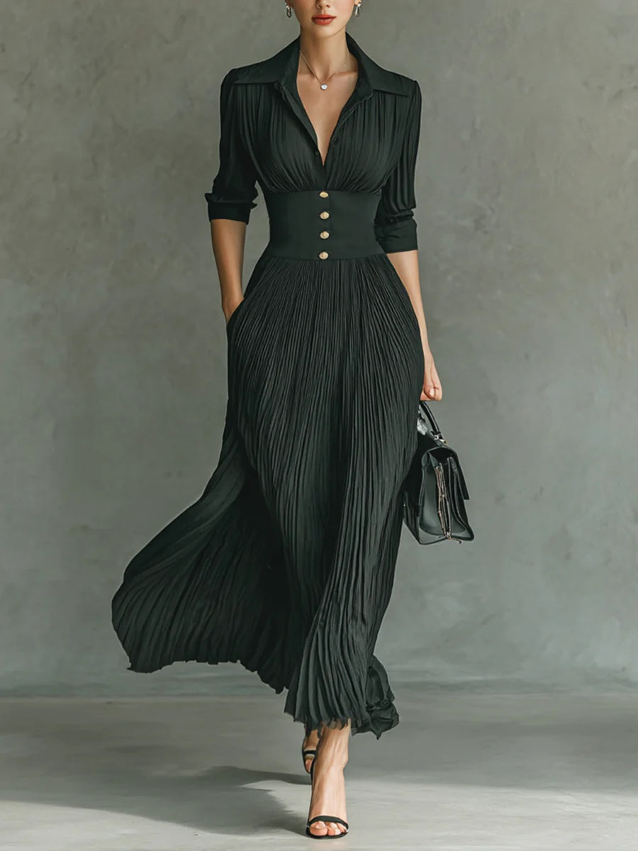 ELVIRA™ | LONG PLEATED DRESS WITH LAPEL AND HIGH WAIST
