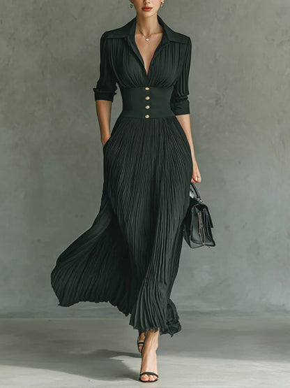 ELVIRA™ | LONG PLEATED DRESS WITH LAPEL AND HIGH WAIST