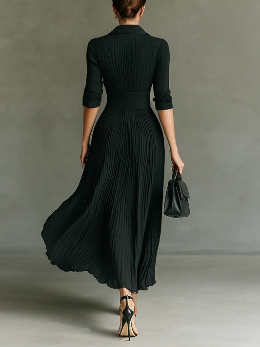 ELVIRA™ | LONG PLEATED DRESS WITH LAPEL AND HIGH WAIST