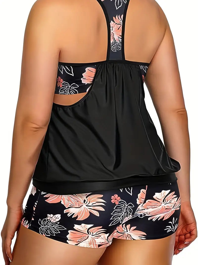 FLORAL PRINT TANKINI TWO-PIECE SWIMSUIT SET