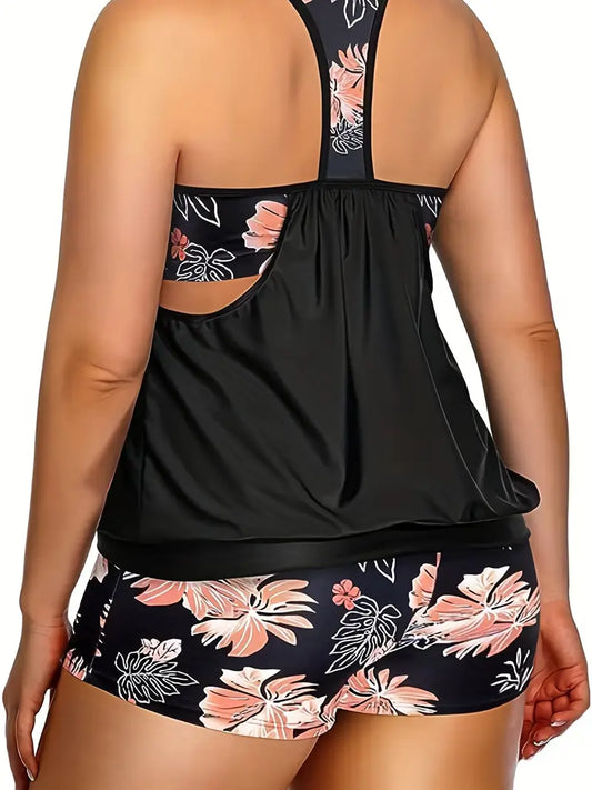 FLORAL PRINT TANKINI TWO-PIECE SWIMSUIT SET