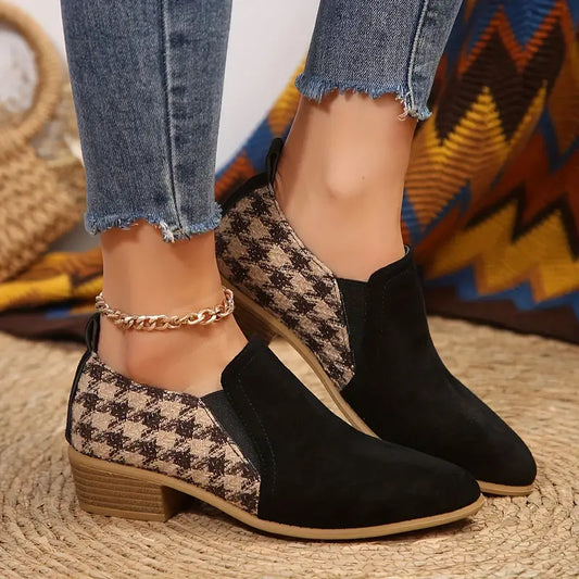 RYLEE™ PREMIUM HOUNDSTOOTH PATTERN CHUNKY HEEL BOOTS