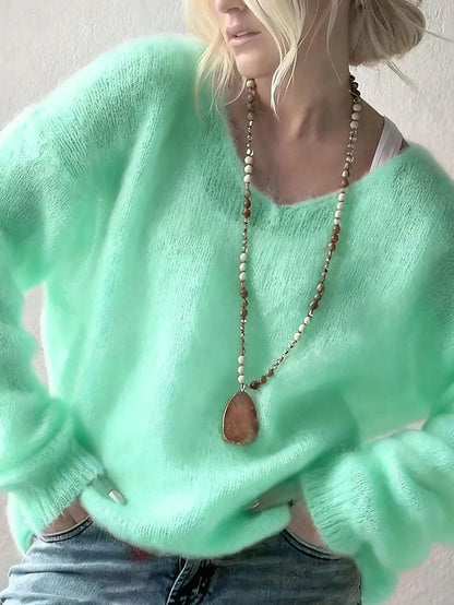 Women's Elegant V-Neck Pullover — Solid Colour, Long Sleeve, Regular Fit