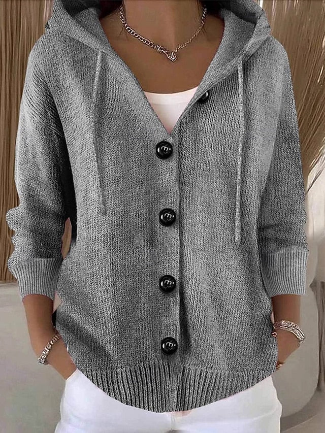 Women's Hooded Ribbed Button Cardigan