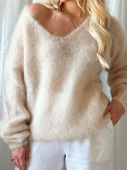 Women's Elegant V-Neck Pullover — Solid Colour, Long Sleeve, Regular Fit