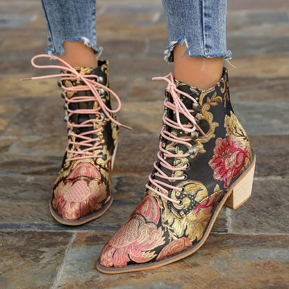 LOCKIE™ WOMEN'S EMBROIDERED BLOCK HEEL ANKLE BOOTS