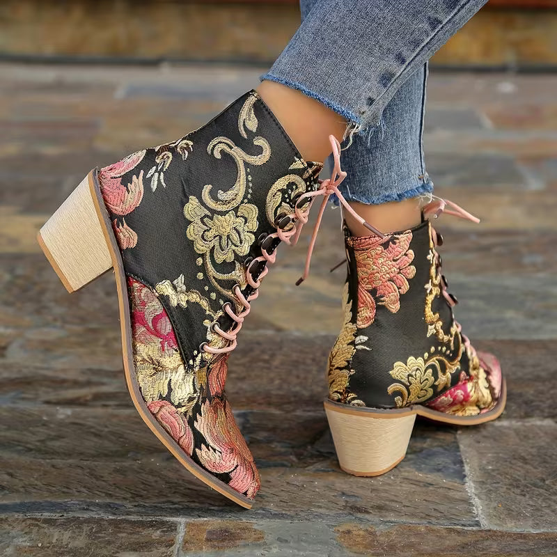 LOCKIE™ WOMEN'S EMBROIDERED BLOCK HEEL ANKLE BOOTS