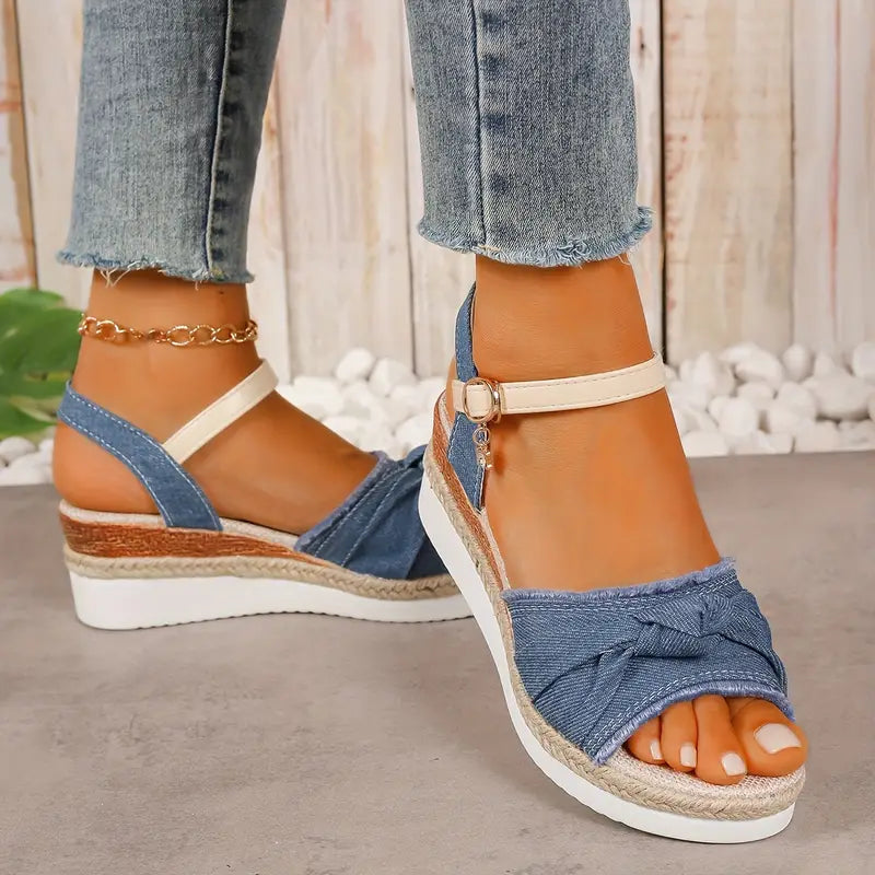 BEGA™ WOMEN'S DENIM BOW ANKLE STRAP WEDGE SANDALS