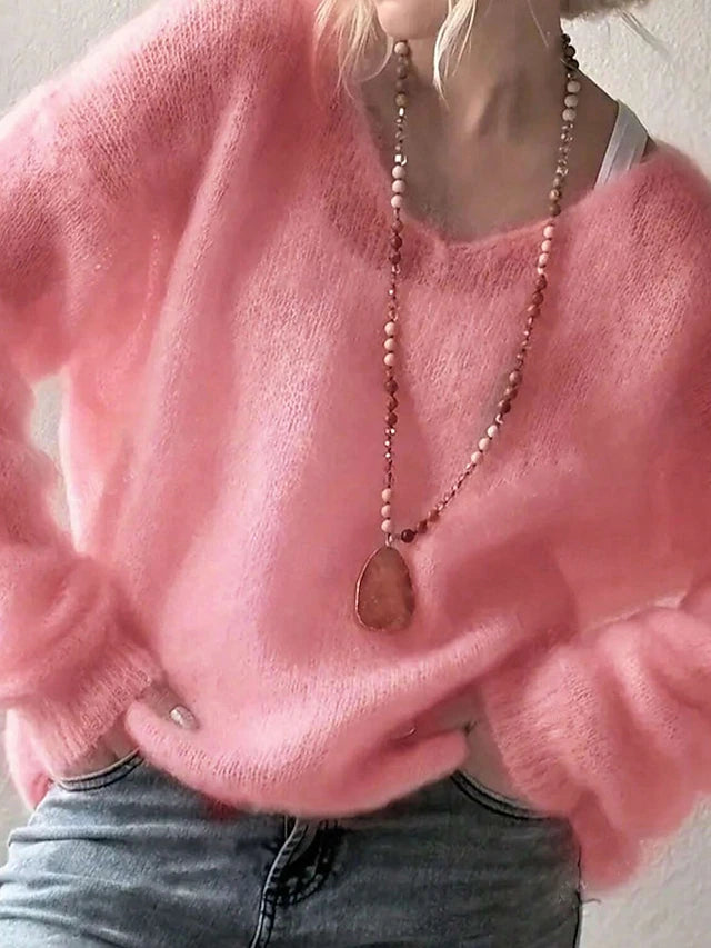 Women's Elegant V-Neck Pullover — Solid Colour, Long Sleeve, Regular Fit