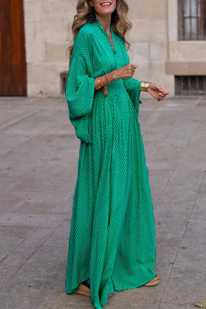 VÉROLINE™ – PRINTED MAXI DRESS WITH LONG SLEEVES AND V-NECK