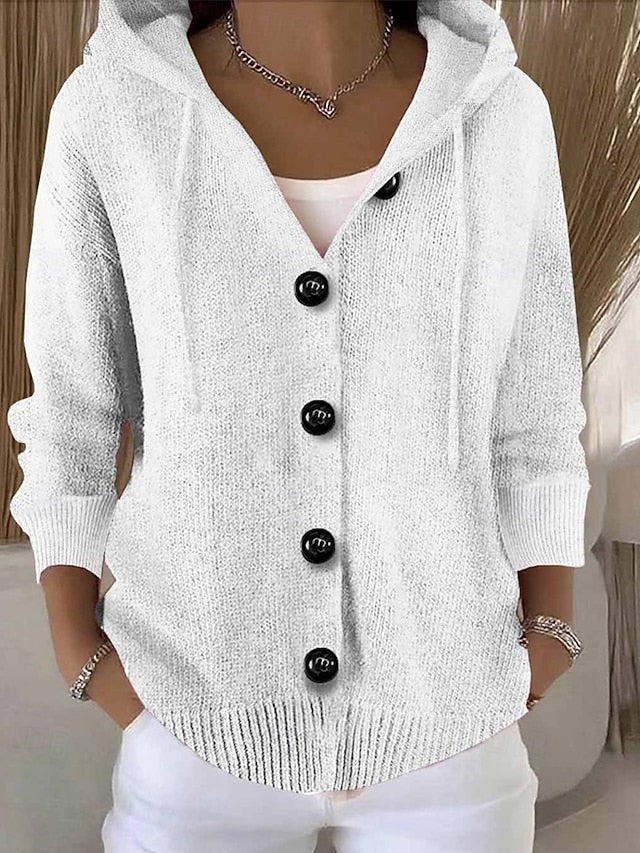 Women's Hooded Ribbed Button Cardigan