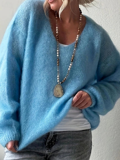 Women's Elegant V-Neck Pullover — Solid Colour, Long Sleeve, Regular Fit