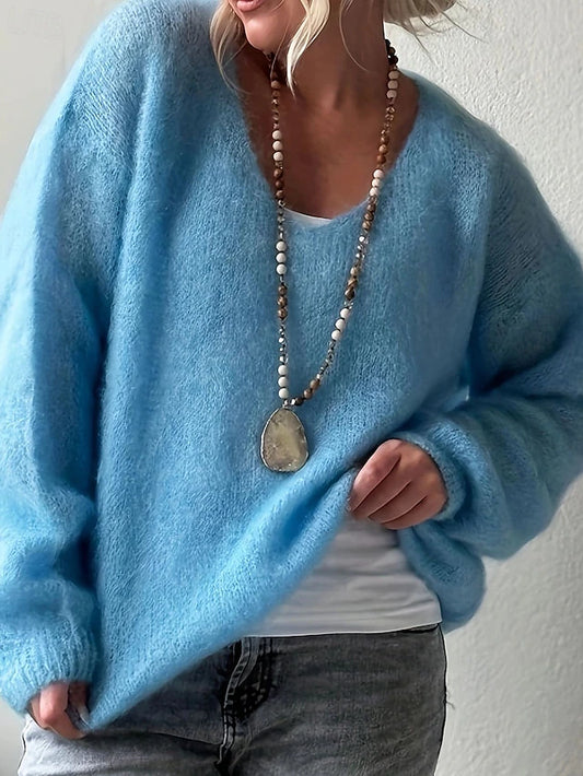 Women's Elegant V-Neck Pullover — Solid Colour, Long Sleeve, Regular Fit