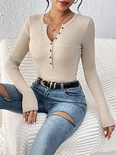 Women's Casual Ribbed Pullover — Boat Neck, Button Detail, Long Sleeve