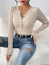 Women's Casual Ribbed Pullover — Boat Neck, Button Detail, Long Sleeve